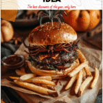 A spider burger with fries on a cutting board surrounded by Halloween decorations and fake eggs. 2